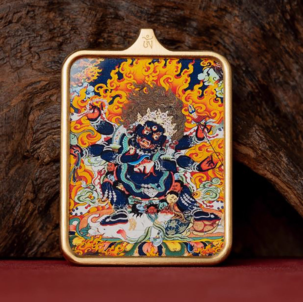 (Good Fortune & Protection) Six-Armed Mahakala Tibetan Thangka Pendant Necklace