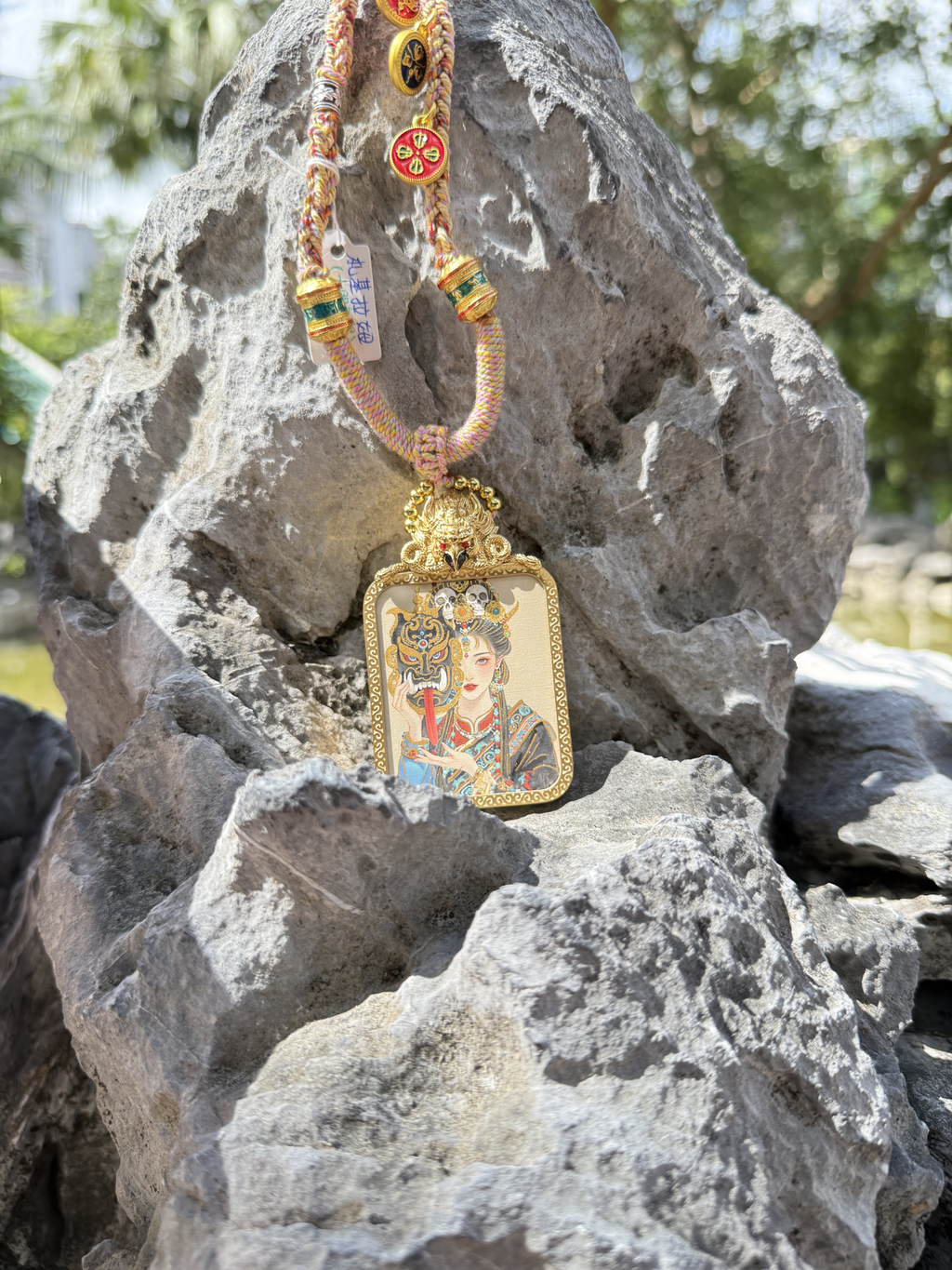 (Wealth & Protection) Handcrafted Zashi Lhamo Tibetan Thangka Cinnabar Pendant Necklace