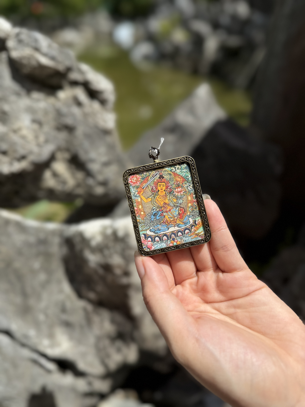 (Wisdom & Peace) (Chinese Zodiac Rabbit) Manjushri Bodhisattva Tibetan Thangka Pendant Necklace