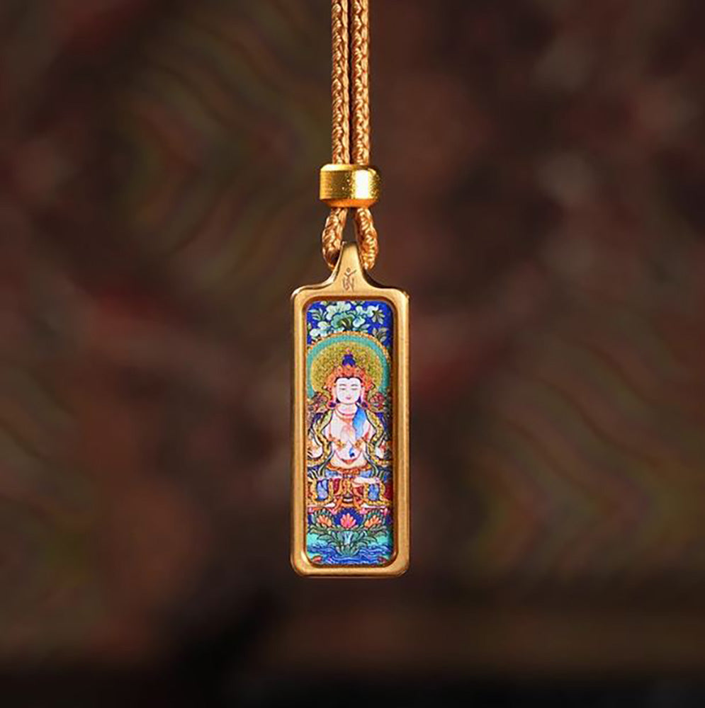 (Wealth & Wisdom) (Chinese Zodiac Rat) Four-Armed Avalokiteshvara Tibetan Thangka Small Pendant Necklace