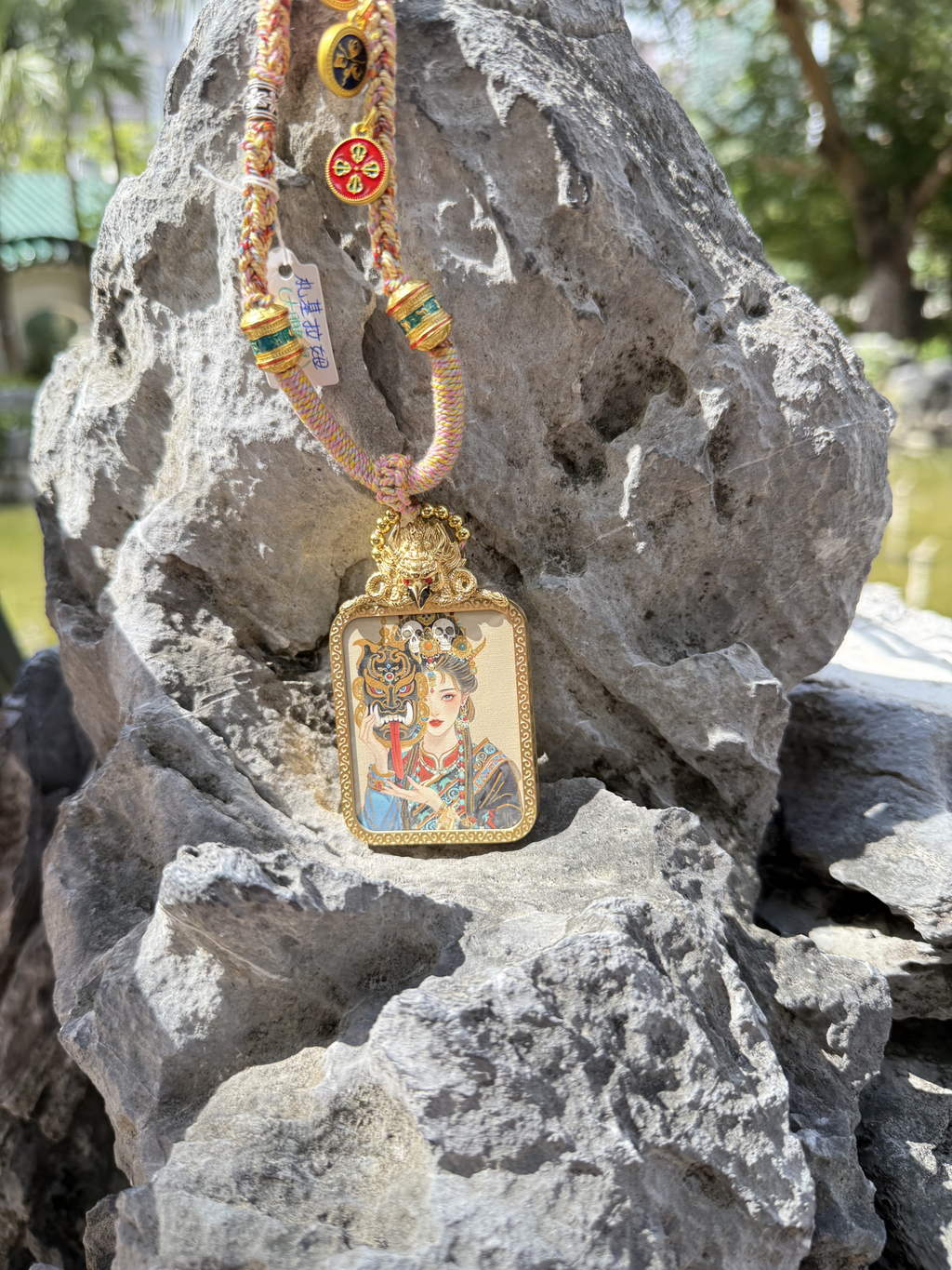 (Wealth & Protection) Handcrafted Zashi Lhamo Tibetan Thangka Cinnabar Pendant Necklace