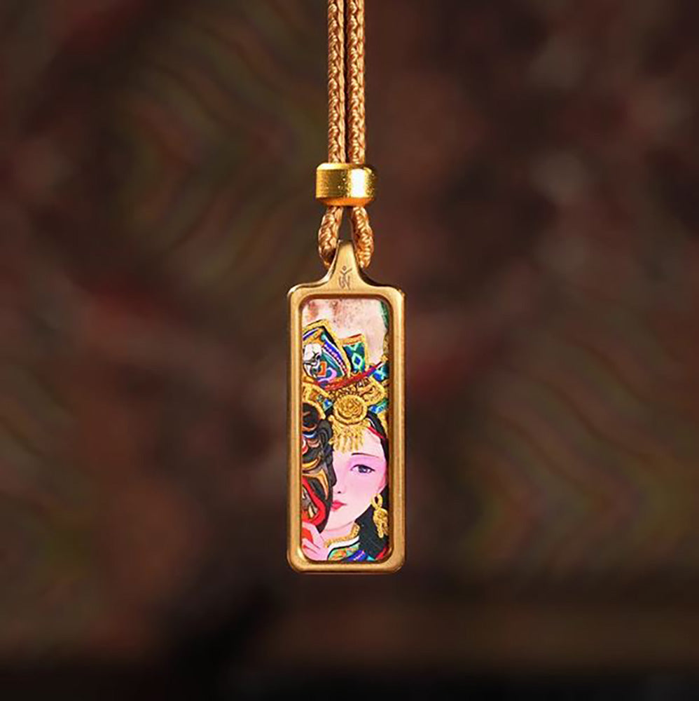 (Wealth & Protection) Zashi Lhamo Tibetan Thangka Small Pendant Necklace