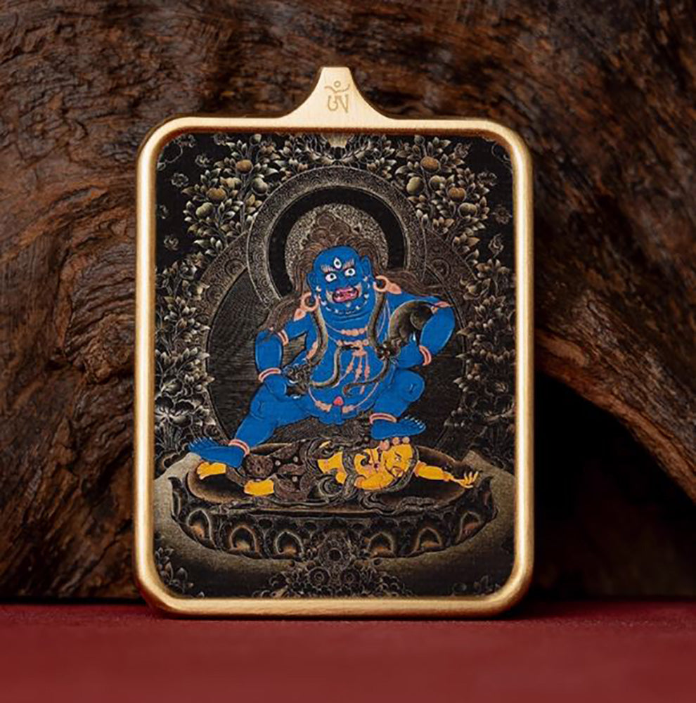 (Wealth & Good Fortune) Black Jambhala Tibetan Thangka Pendant Necklace