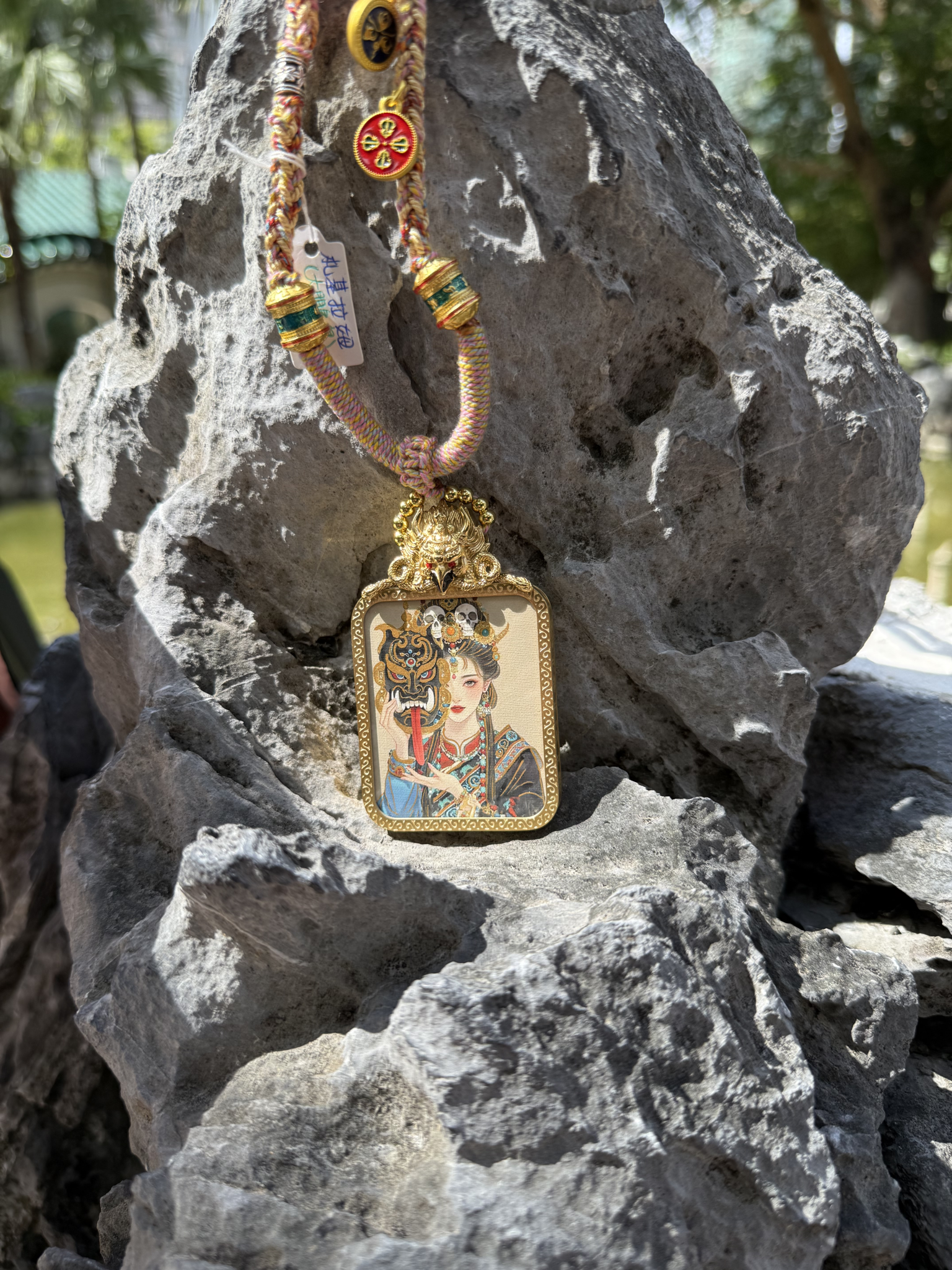 (Wealth & Protection) Handcrafted Zashi Lhamo Tibetan Thangka Cinnabar Pendant Necklace