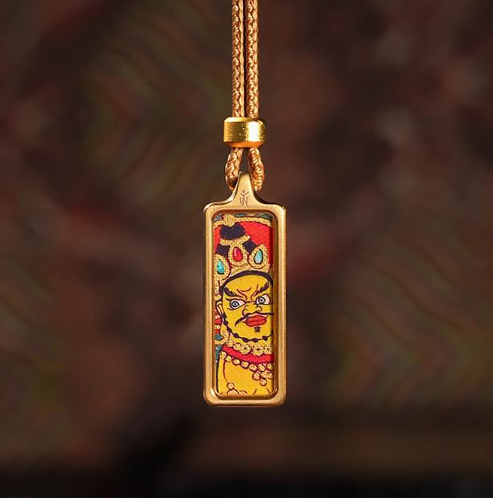 (Wealth & Prosperity) Yellow Jambhala Tibetan Thangka Small Pendant Necklace