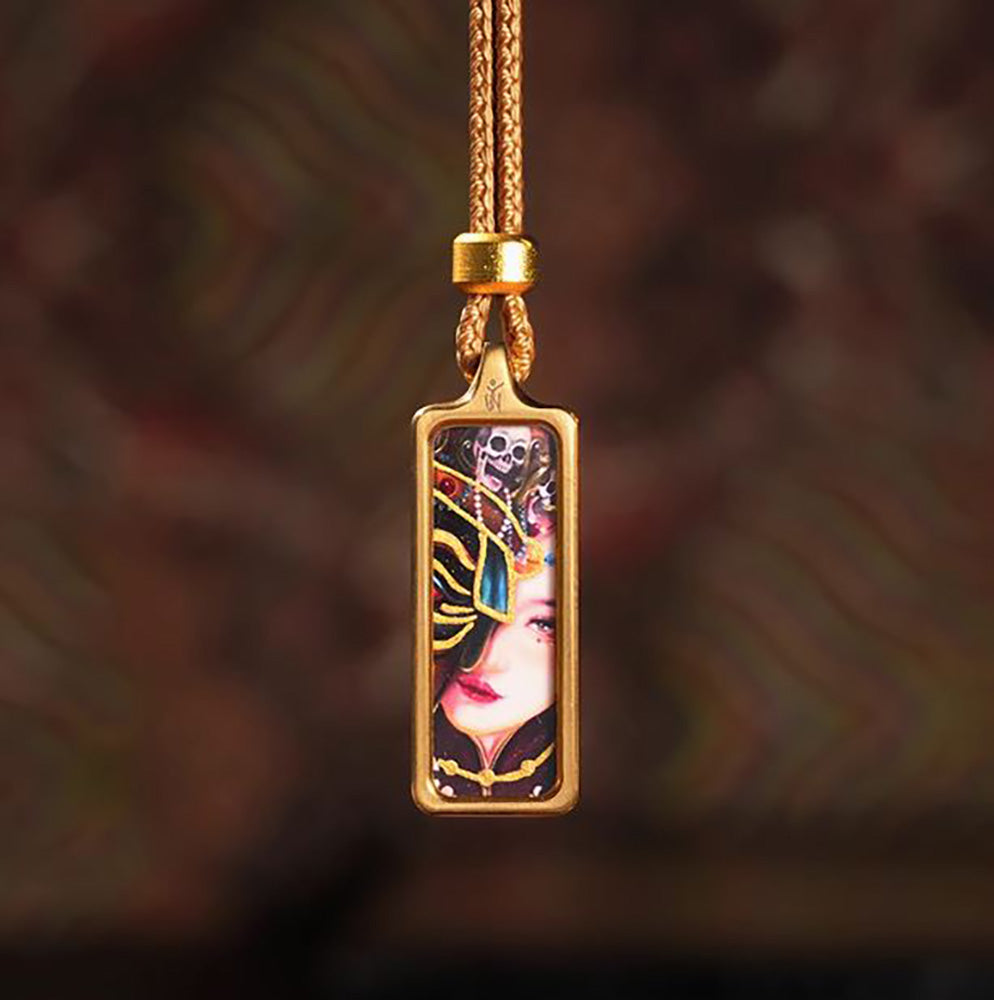 (Wealth & Protection) Zashi Lhamo Tibetan Thangka Small Pendant Necklace