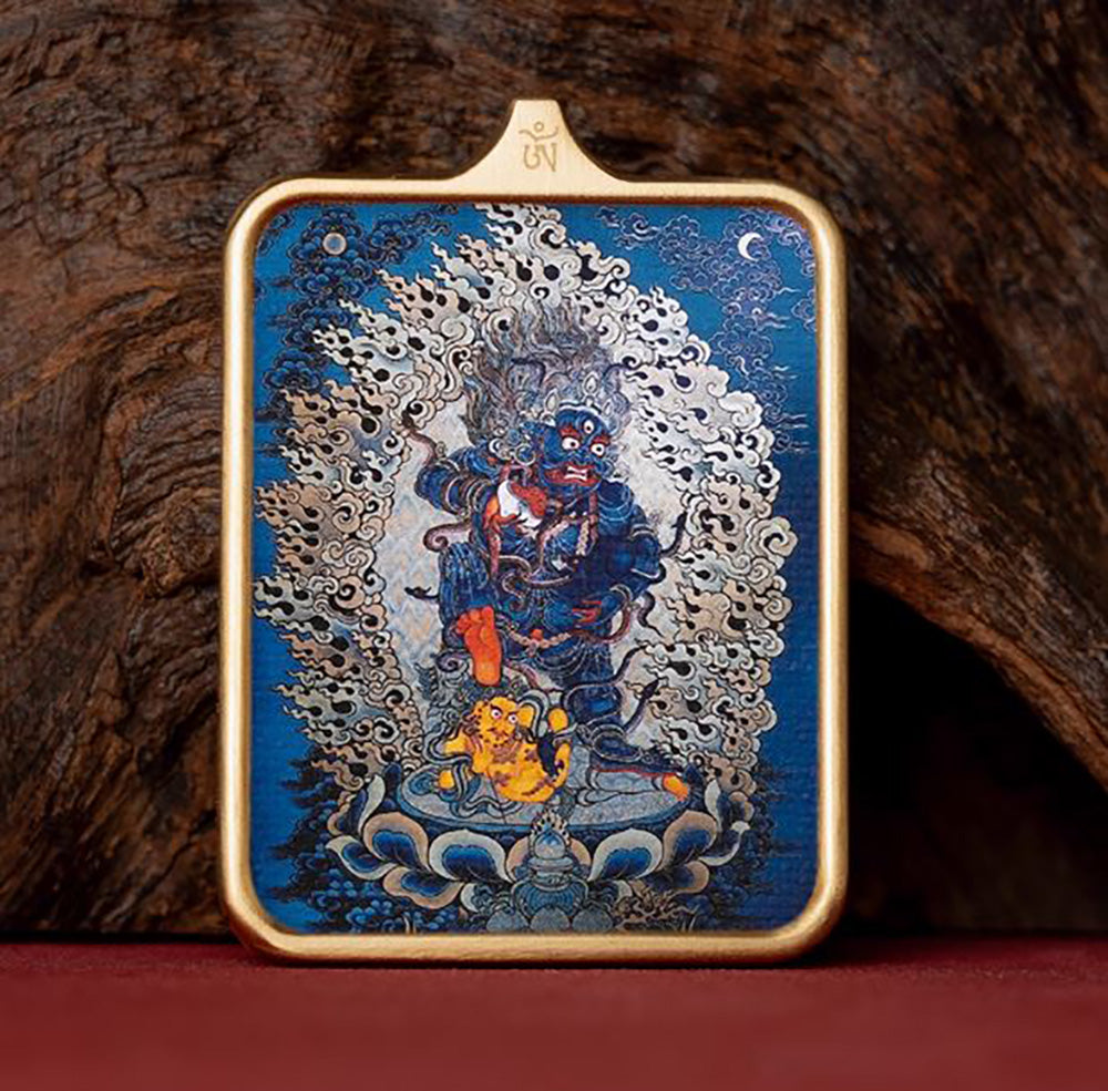 (Wealth & Good Fortune) Black Jambhala Tibetan Thangka Pendant Necklace