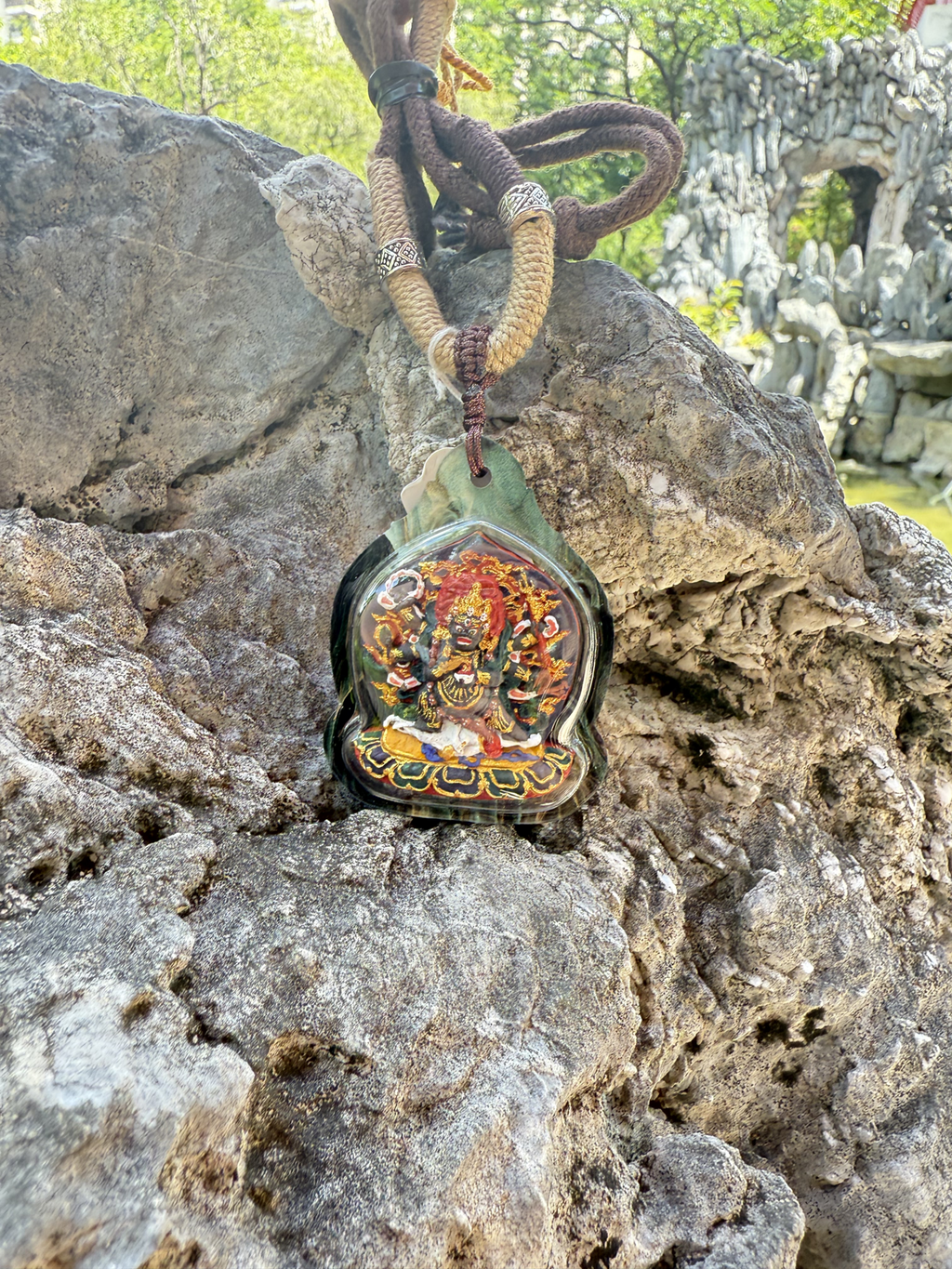 (Good Fortune & Protection) Six-Armed Mahakala Tibetan Thangka Pendant Necklace