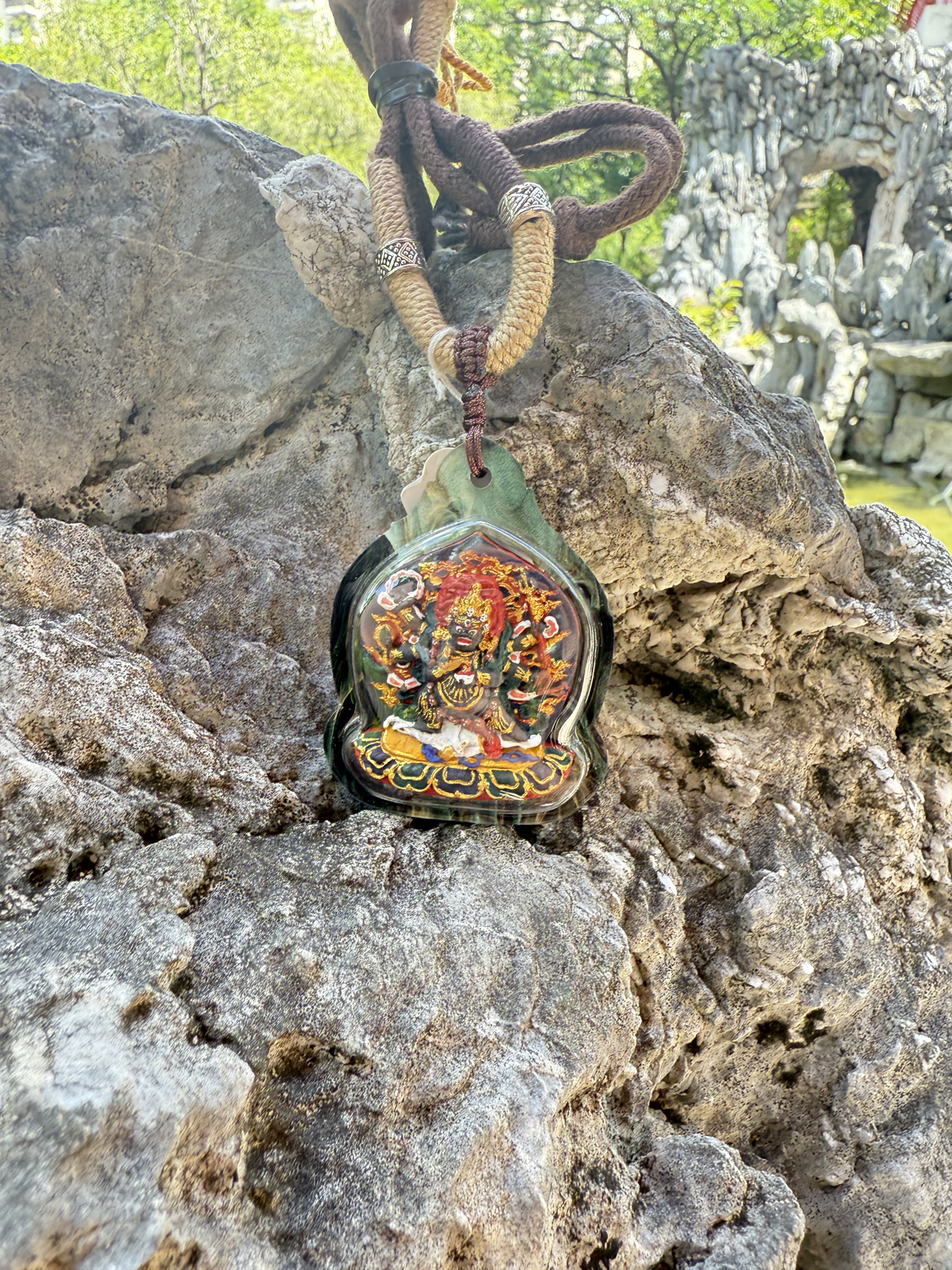 (Good Fortune & Protection) Six-Armed Mahakala Tibetan Thangka Pendant Necklace