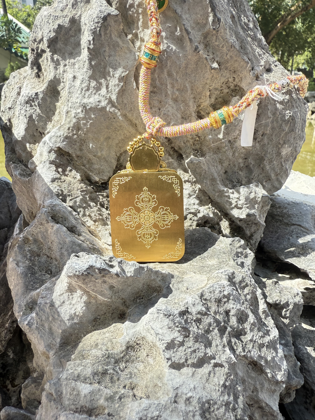 (Wealth & Protection) Handcrafted Zashi Lhamo Tibetan Thangka Cinnabar Pendant Necklace