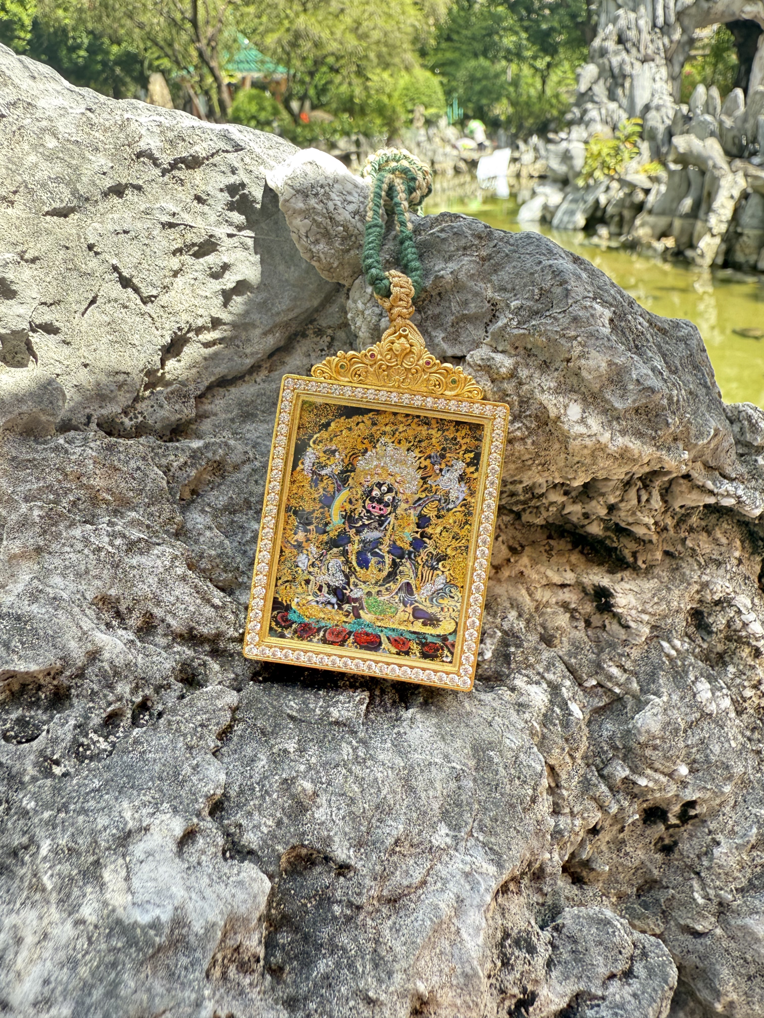 (Good Fortune & Protection) Six-Armed Mahakala Tibetan Thangka Pendant Necklace