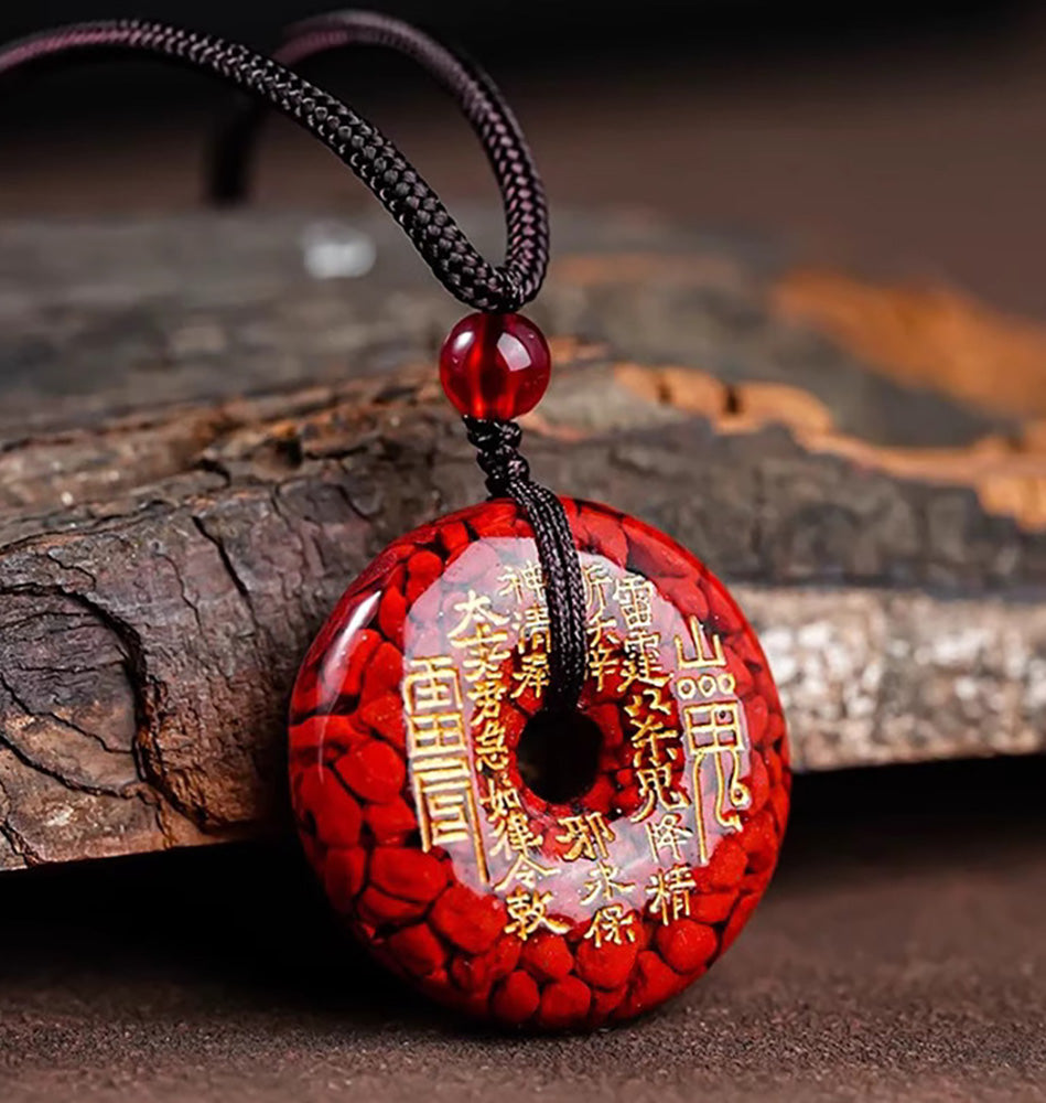 Vermilion & Gold Stamping Mountain Spirit Coin Necklace