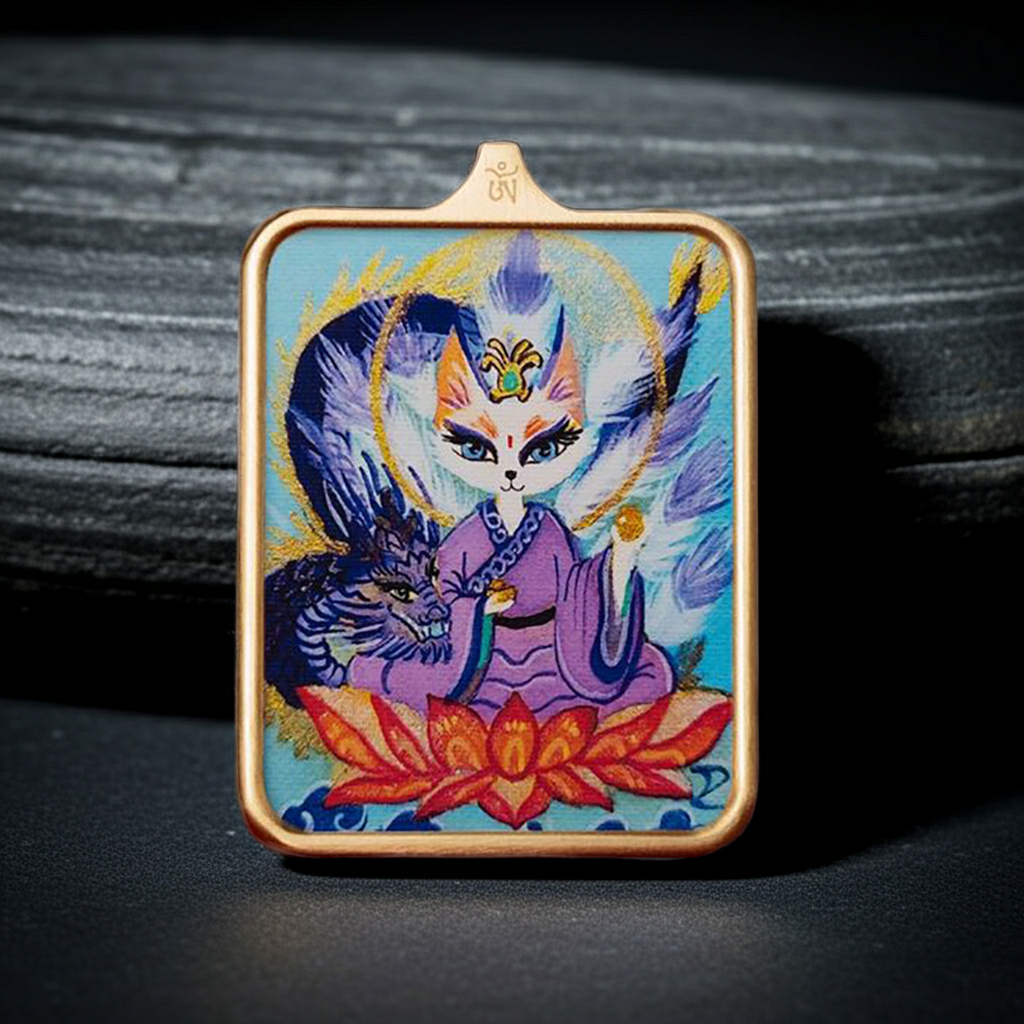 Sacred Fox Spirit Thangka Pendant for Love, Luck & Intuition