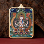 (Wealth & Wisdom) (Chinese Zodiac Rat) Four-Armed Avalokiteshvara Tibetan Thangka Pendant Necklace