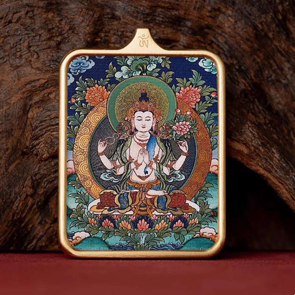 (Wealth & Wisdom) (Chinese Zodiac Rat) Four-Armed Avalokiteshvara Tibetan Thangka Pendant Necklace