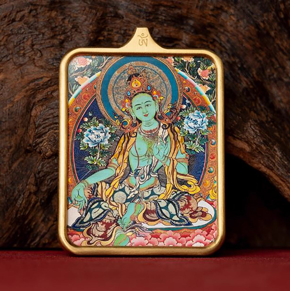 (Protection & Family) Green Tara Tibetan Thangka Pendant Necklace