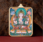(Wealth & Wisdom) (Chinese Zodiac Rat) Four-Armed Avalokiteshvara Tibetan Thangka Pendant Necklace