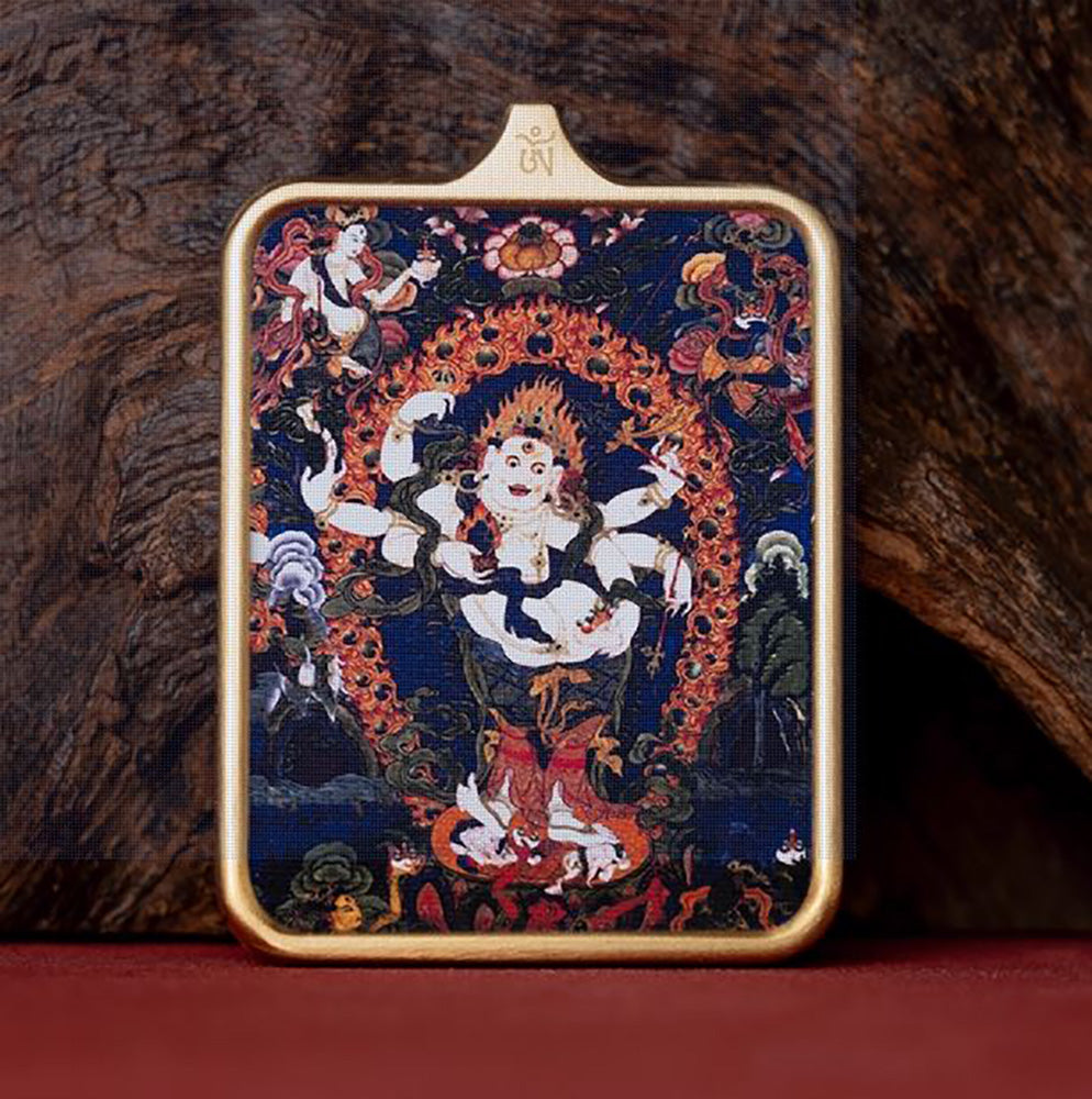 (Wealth & Protection) Six-Armed White Mahakala Tibetan Thangka Pendant Necklace
