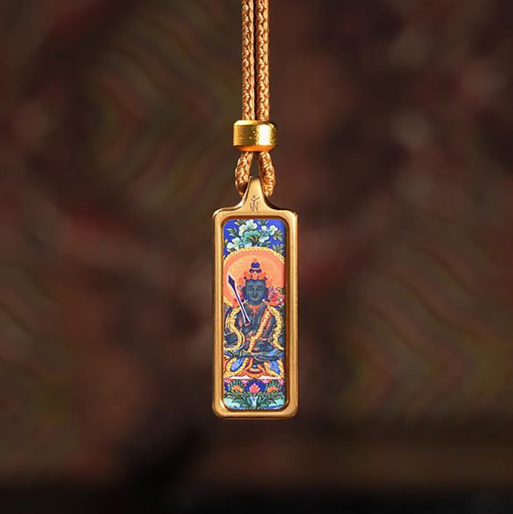 (Wisdom & Wealth) (Chinese Zodiac Ox & Tiger) Akashagarbha Bodhisattva Tibetan Thangka Small Pendant Necklace