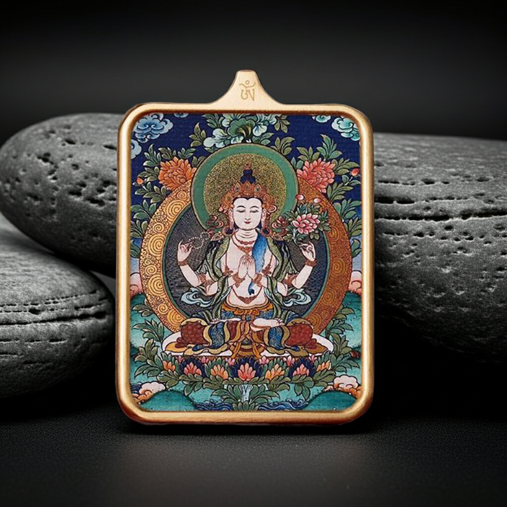 Four-Armed Avalokiteshvara Thangka Pendant – Empowered Rat Zodiac Talisman