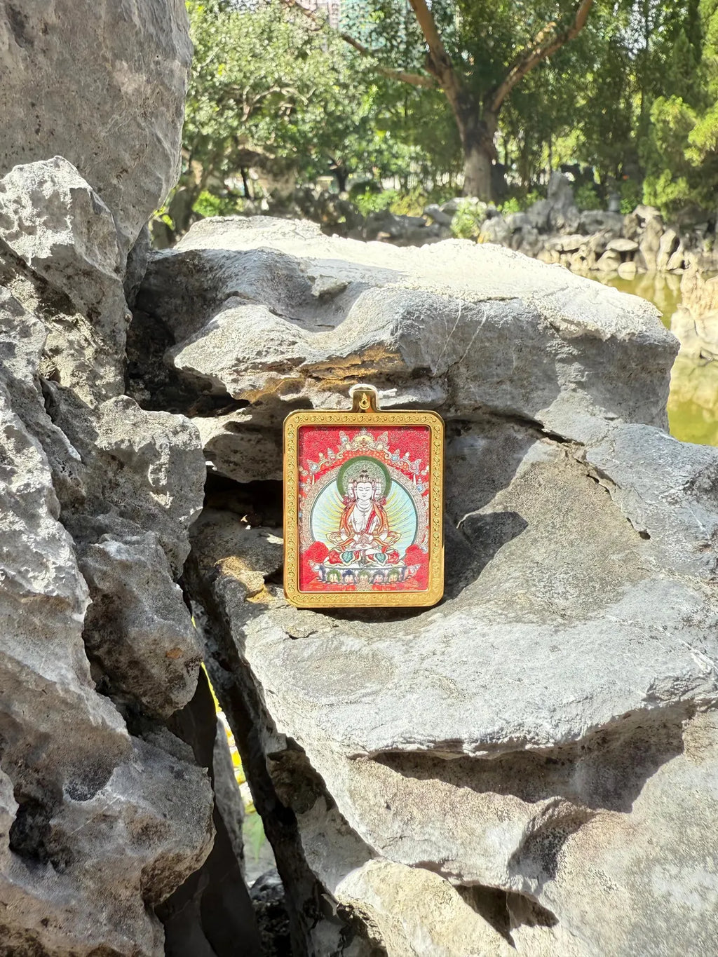 (Peace & Protection) (Chinese Zodiac Goat & Monkey) Handcrafted Vairocana Buddha Tibetan Thangka Pendant Necklace