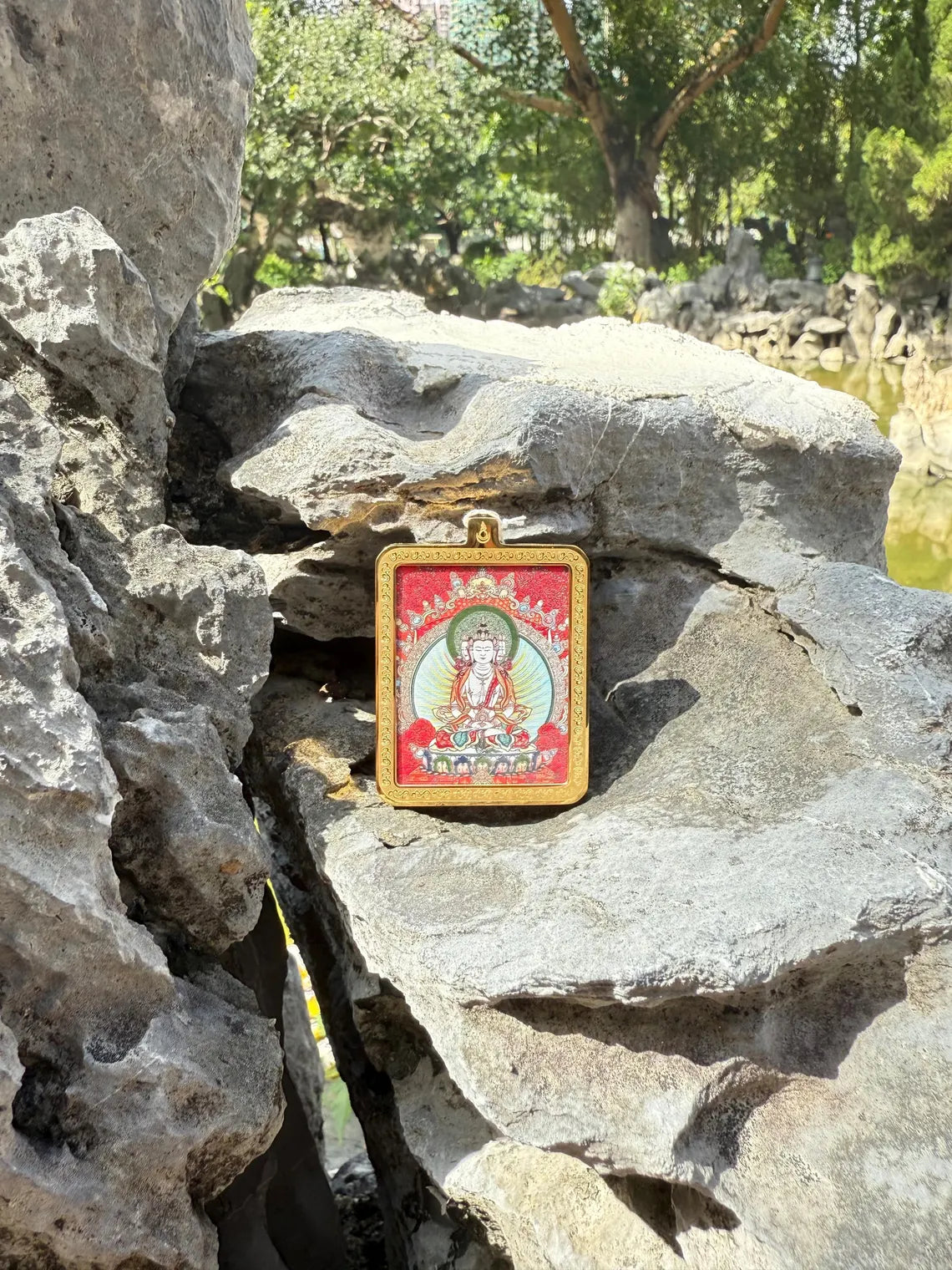 (Peace & Protection) (Chinese Zodiac Goat & Monkey) Handcrafted Vairocana Buddha Tibetan Thangka Pendant Necklace