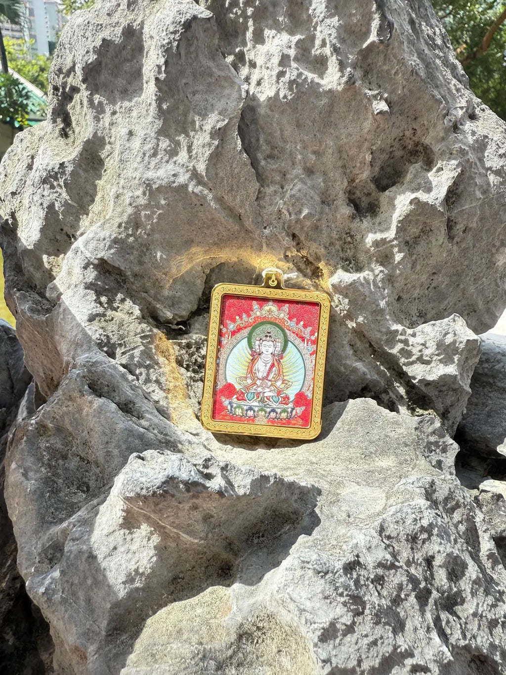 (Peace & Protection) (Chinese Zodiac Goat & Monkey) Handcrafted Vairocana Buddha Tibetan Thangka Pendant Necklace