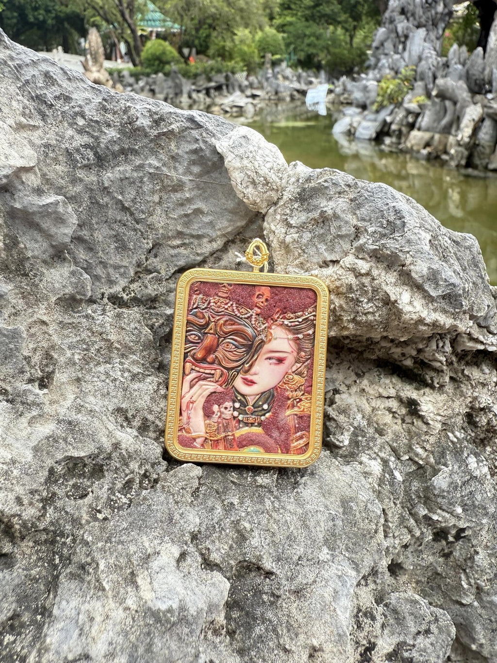 (Wealth & Protection) Handcrafted Zashi Lhamo Tibetan Thangka Cinnabar Pendant Necklace