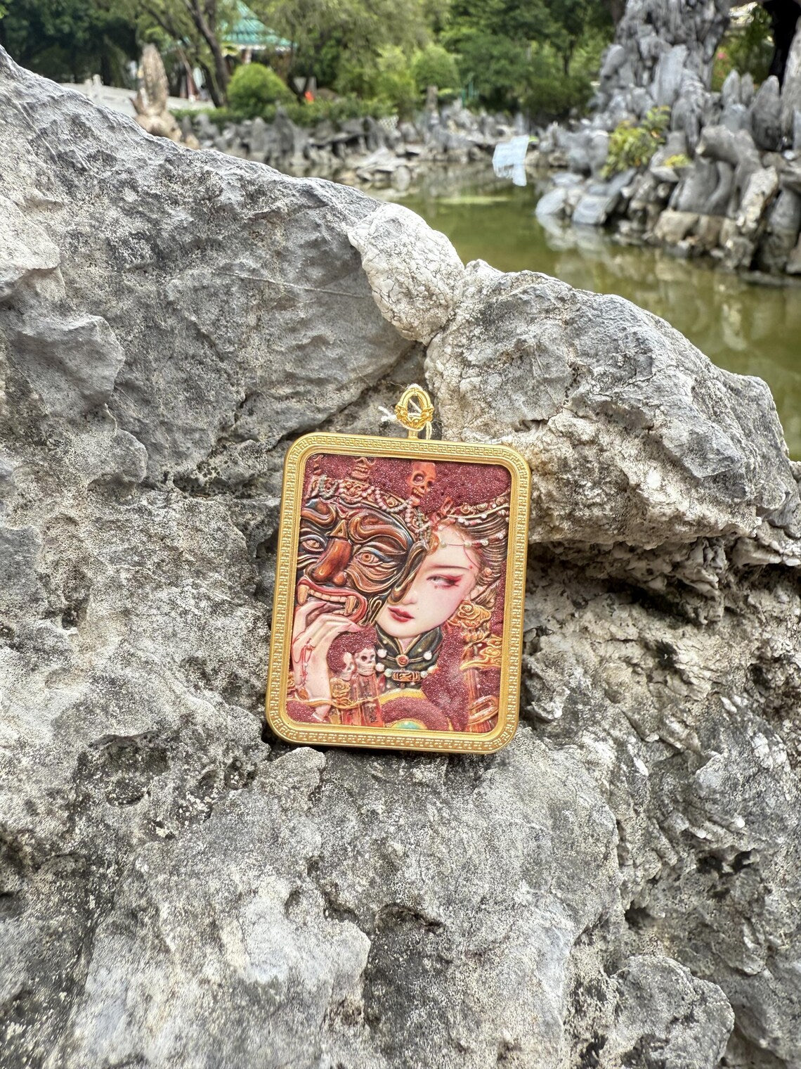 (Wealth & Protection) Handcrafted Zashi Lhamo Tibetan Thangka Cinnabar Pendant Necklace