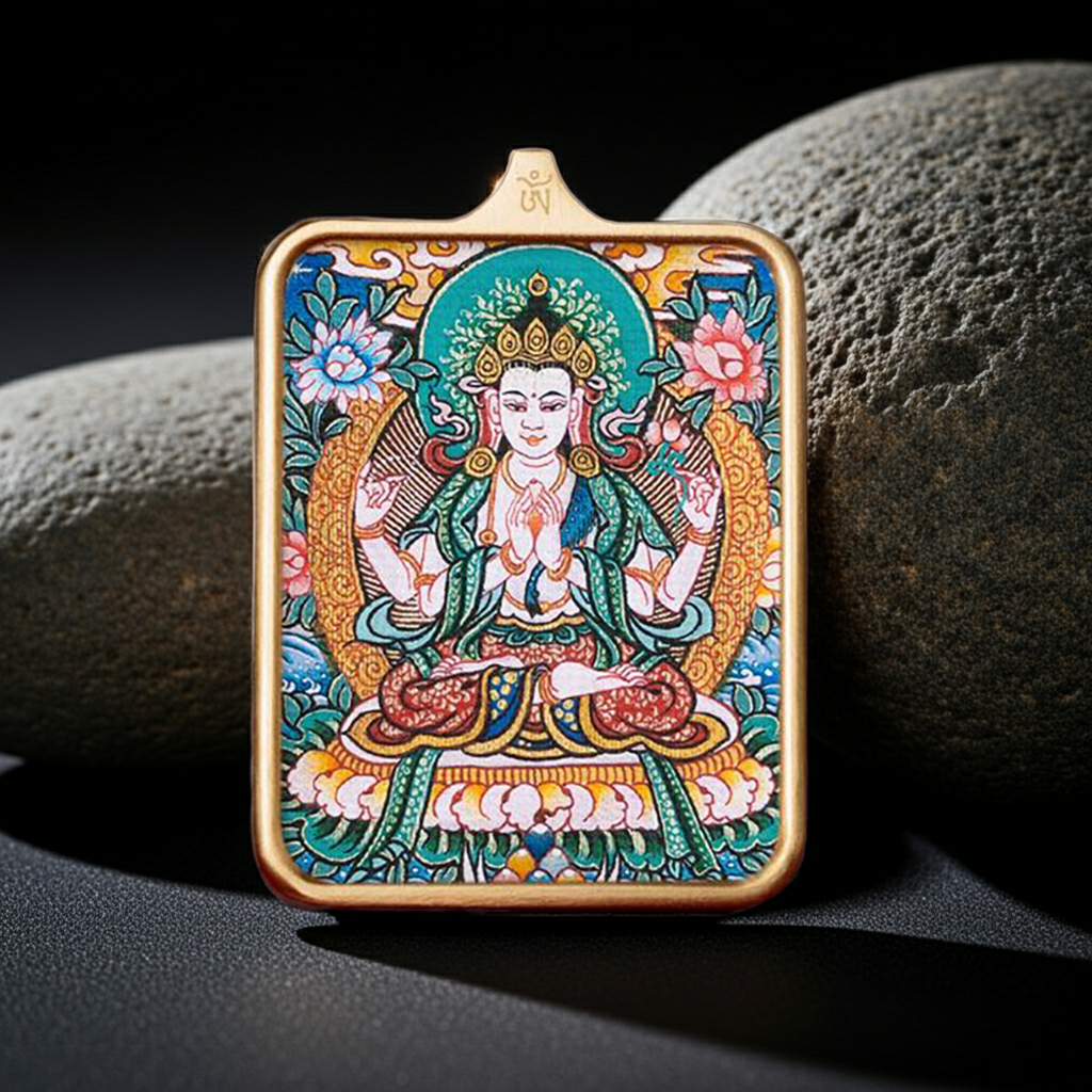 Four-Armed Avalokiteshvara Thangka Pendant – Empowered Rat Zodiac Talisman